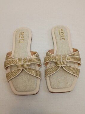 MOTF Premium Beige Bow Flat Slide Sandals Square Toe Size Women's 6.5